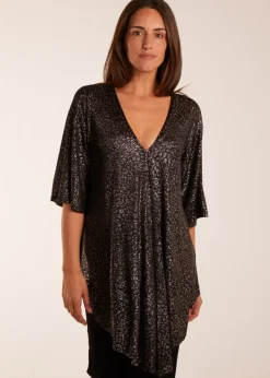 T-Shirts>Blue Vanilla Gold Leopard V Neck Tie Front Top