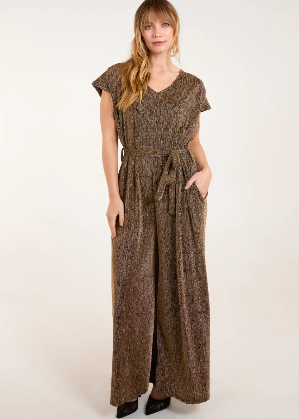 Jumpsuits & Playsuits>Blue Vanilla Gold Metallic V Neck Jumpsuit
