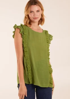 Tops>Blue Vanilla Green Button Back Frill Top