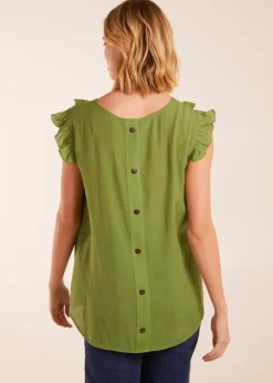 Tops>Blue Vanilla Green Button Back Frill Top