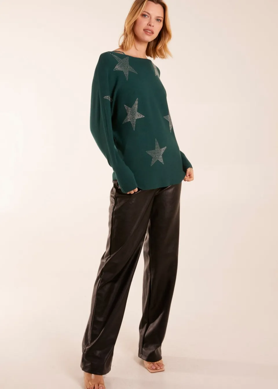 Tops>Blue Vanilla Green Diamante Star Batwing Jumper
