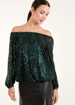 Tops>Blue Vanilla Green Elastic Neck Puffball Sequin Top