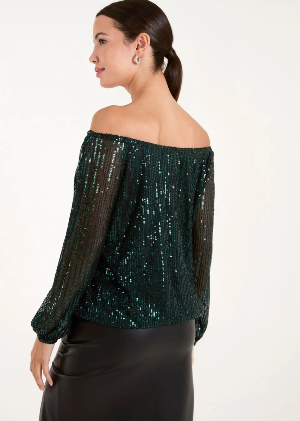 Tops>Blue Vanilla Green Elastic Neck Puffball Sequin Top