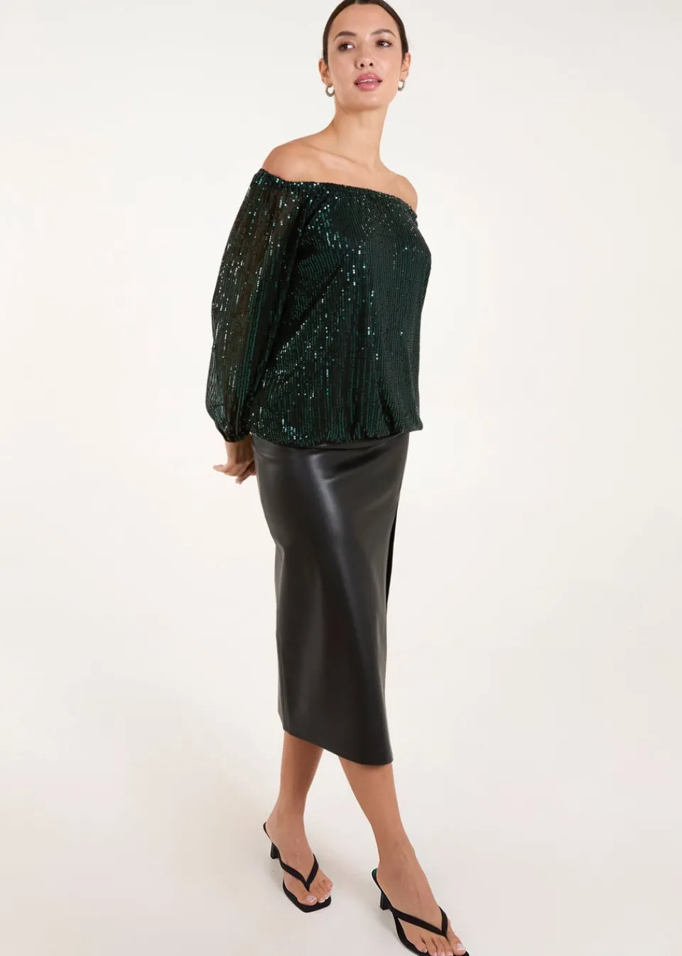 Tops>Blue Vanilla Green Elastic Neck Puffball Sequin Top
