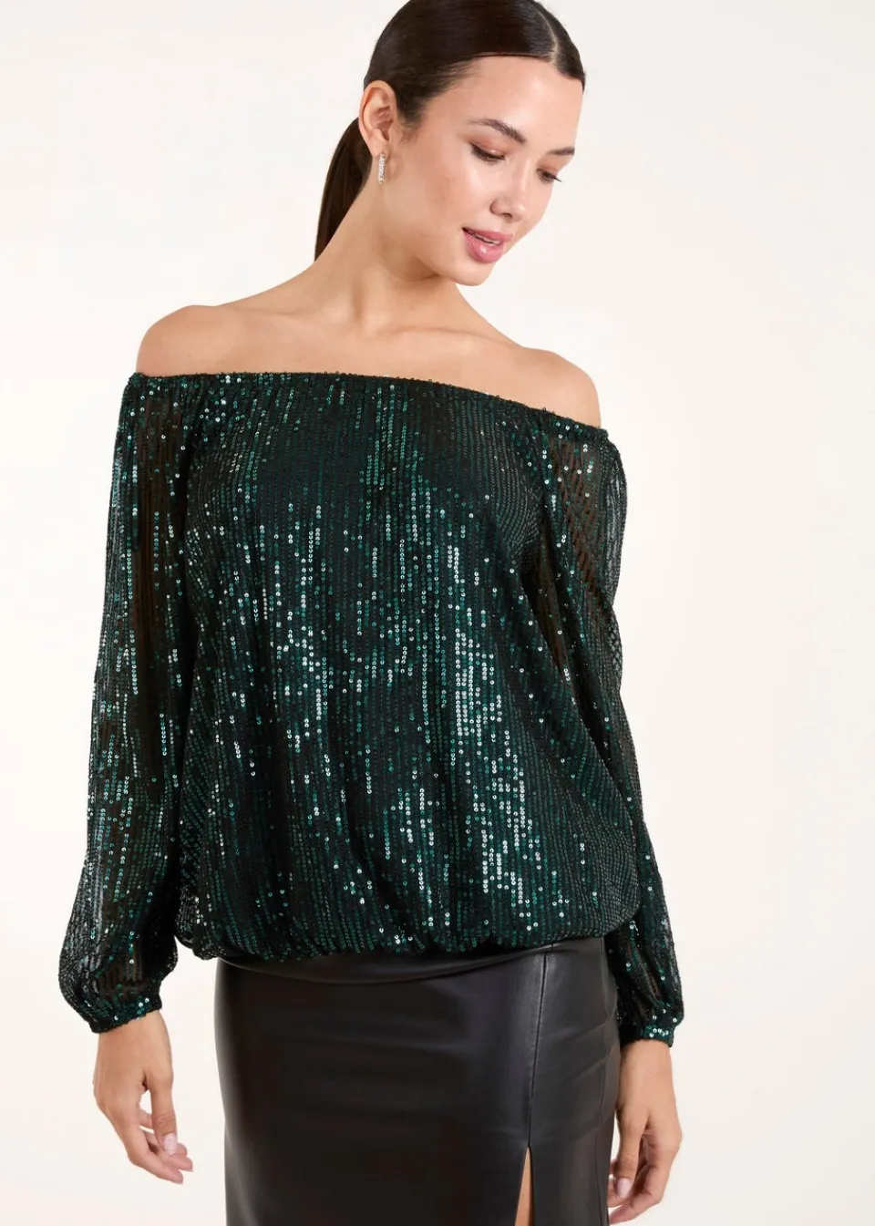 Tops>Blue Vanilla Green Elastic Neck Puffball Sequin Top