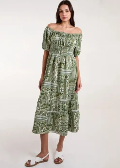 Dresses>Blue Vanilla Green Scoop Neck Paisley Midi Dress