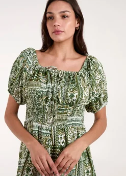 Dresses>Blue Vanilla Green Scoop Neck Paisley Midi Dress