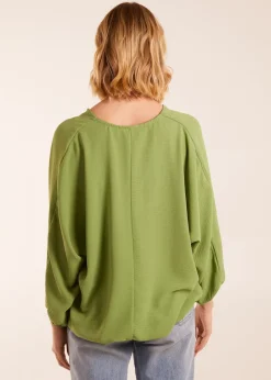 Tops>Blue Vanilla Green V Neck Puff Sleeve Blouse