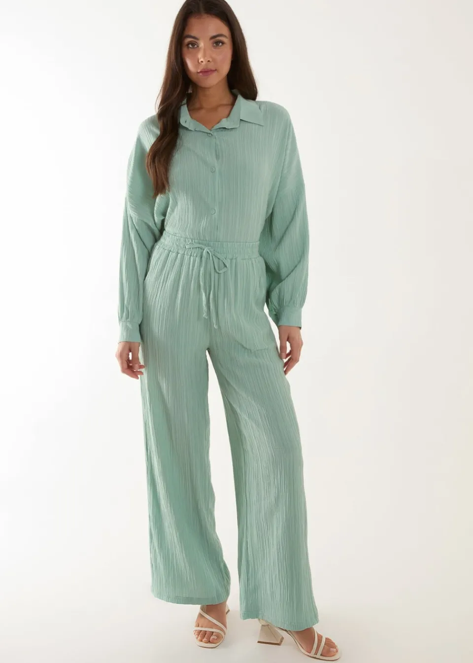 Tops>Blue Vanilla Green Waffle Shirt & Trouser Set