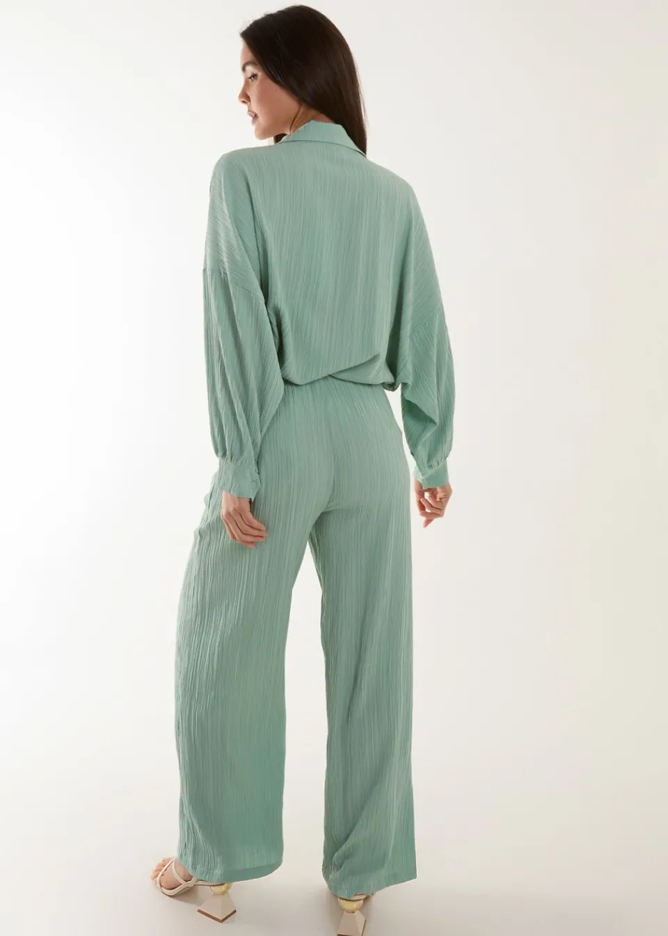 Tops>Blue Vanilla Green Waffle Shirt & Trouser Set