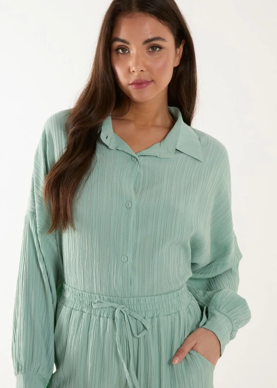 Tops>Blue Vanilla Green Waffle Shirt & Trouser Set