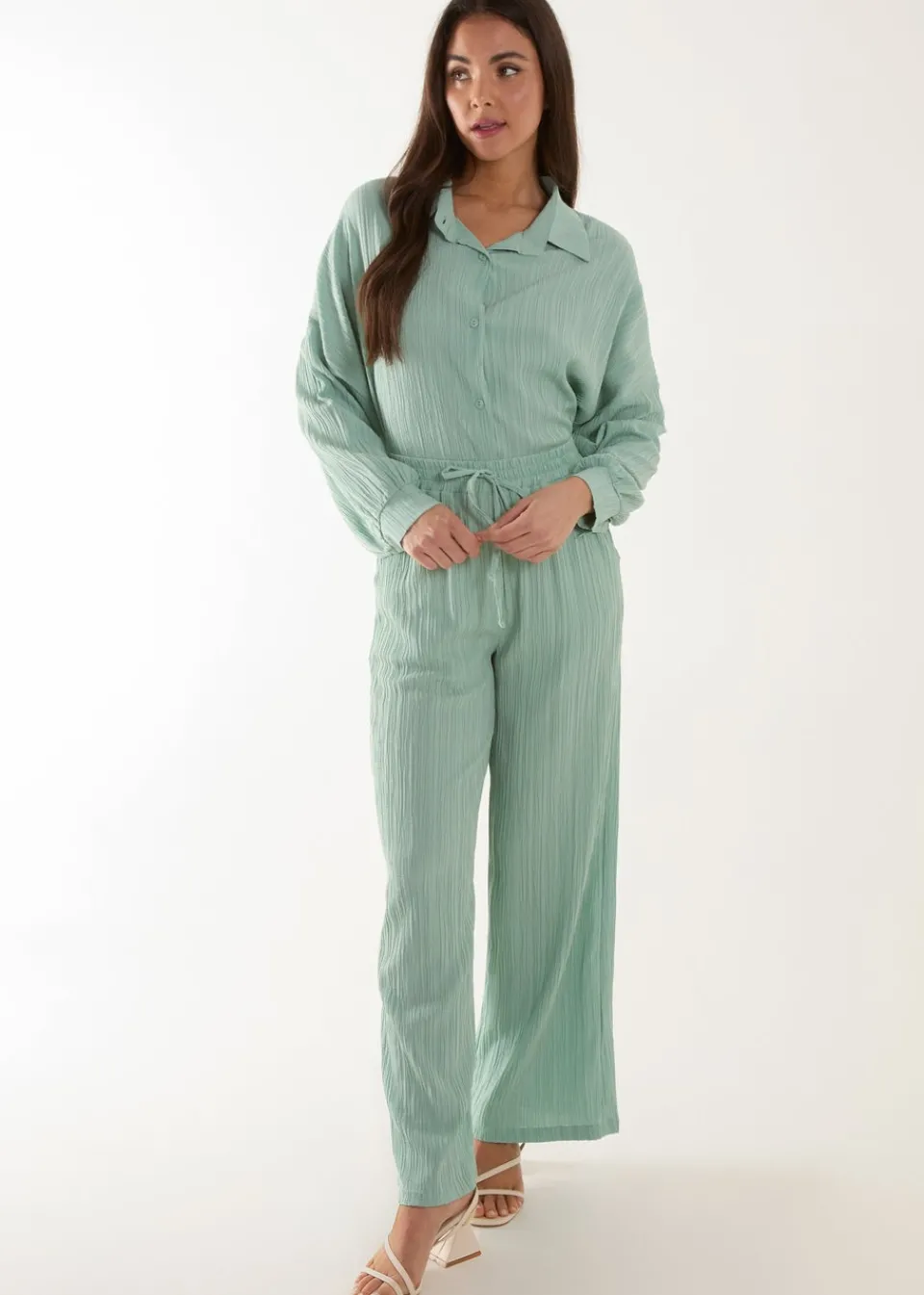 Tops>Blue Vanilla Green Waffle Shirt & Trouser Set