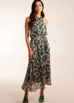 Dresses>Blue Vanilla Green Wrap Halter Neck Pleated Midi Dress