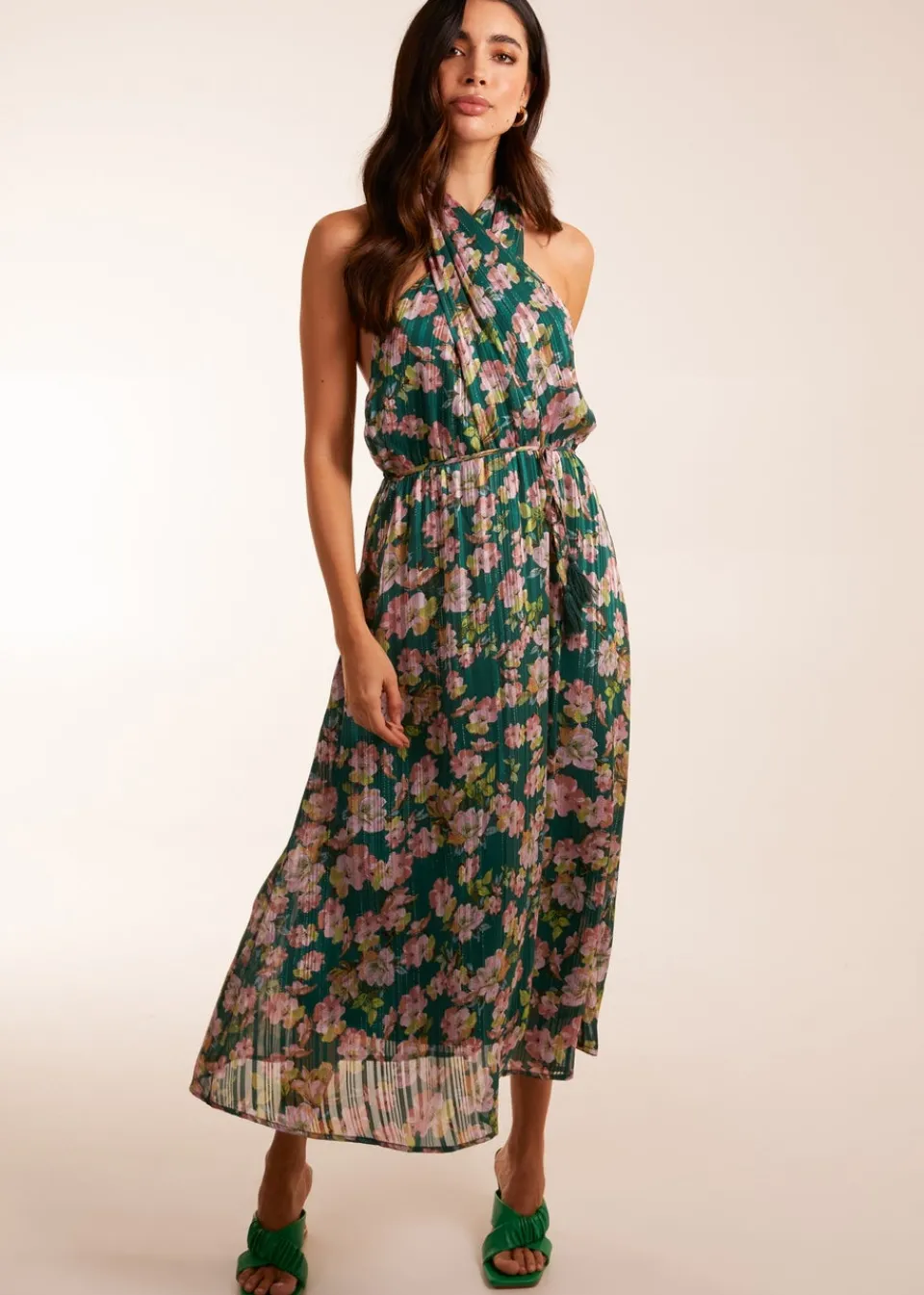 Dresses>Blue Vanilla Green Wrap Halter Neck Pleated Midi Dress