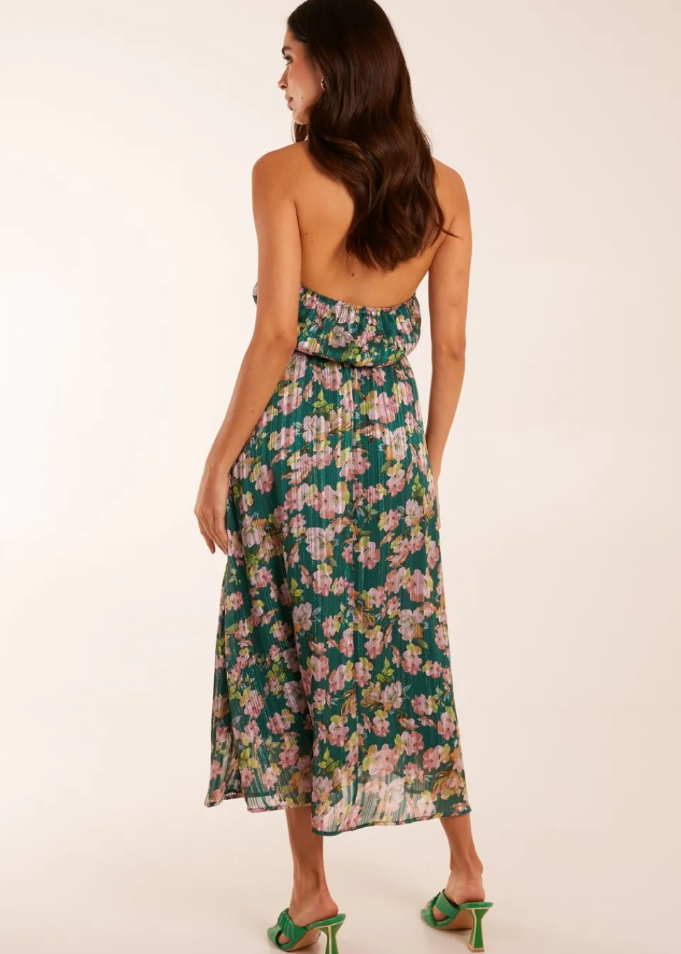 Dresses>Blue Vanilla Green Wrap Halter Neck Pleated Midi Dress
