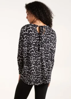 Tops>Blue Vanilla Grey Animal Print Long Sleeve Bow Back Top