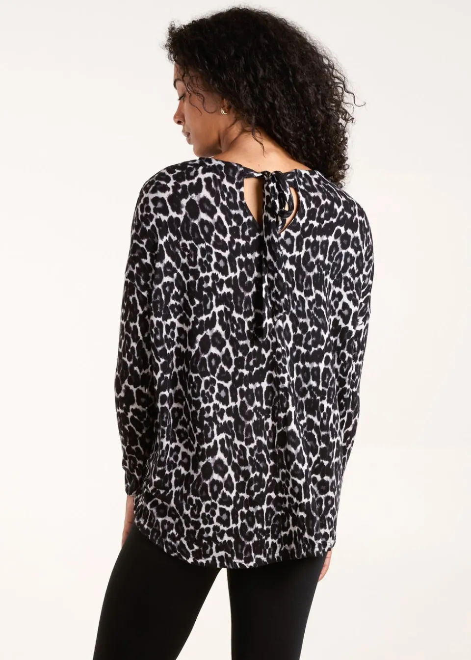 Tops>Blue Vanilla Grey Animal Print Long Sleeve Bow Back Top