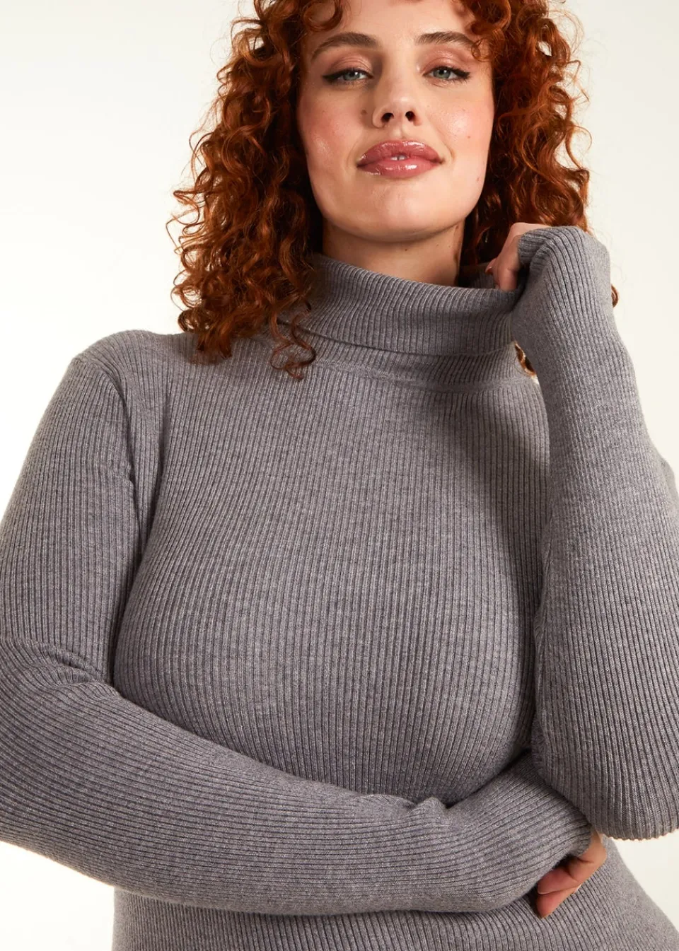 Knitwear>Blue Vanilla Curve Ribbed Roll Neck Midi Dress Grey
