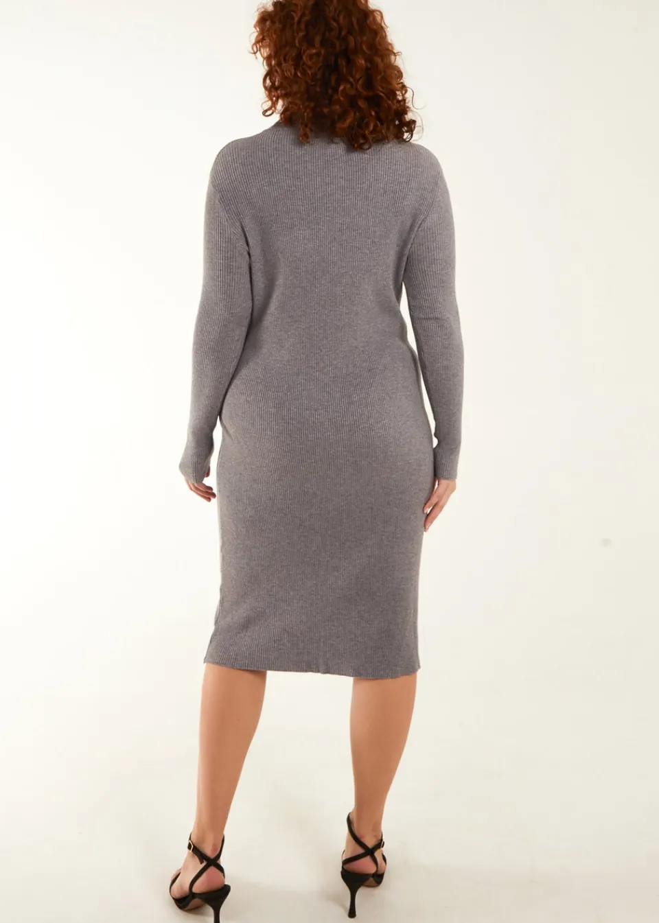 Knitwear>Blue Vanilla Curve Ribbed Roll Neck Midi Dress Grey
