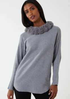 Knitwear>Blue Vanilla Fur Collar Batwing Jumper Grey
