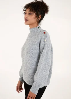 Tops>Blue Vanilla Grey Jewel Button Knit Jumper