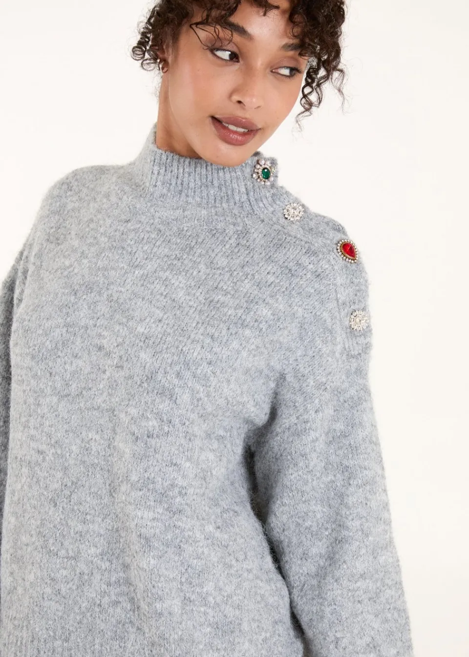 Tops>Blue Vanilla Grey Jewel Button Knit Jumper