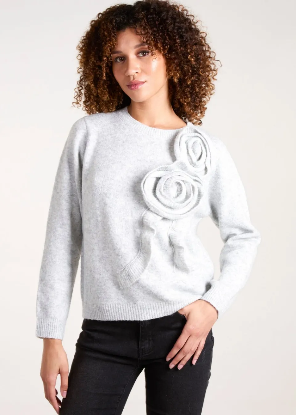 Tops>Blue Vanilla Grey Knit Corsage Flower Jumper