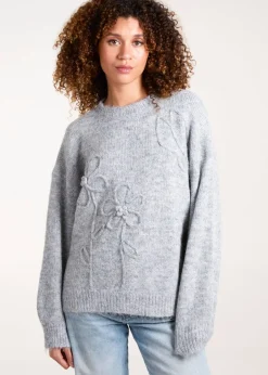 Tops>Blue Vanilla Grey Knit Flower Embroidery Cropped Jumper