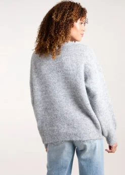 Tops>Blue Vanilla Grey Knit Flower Embroidery Cropped Jumper