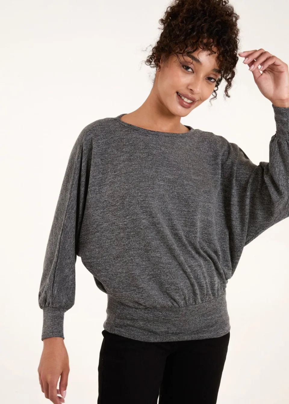 Tops>Blue Vanilla Grey Metallic Deep Hem Batwing Top