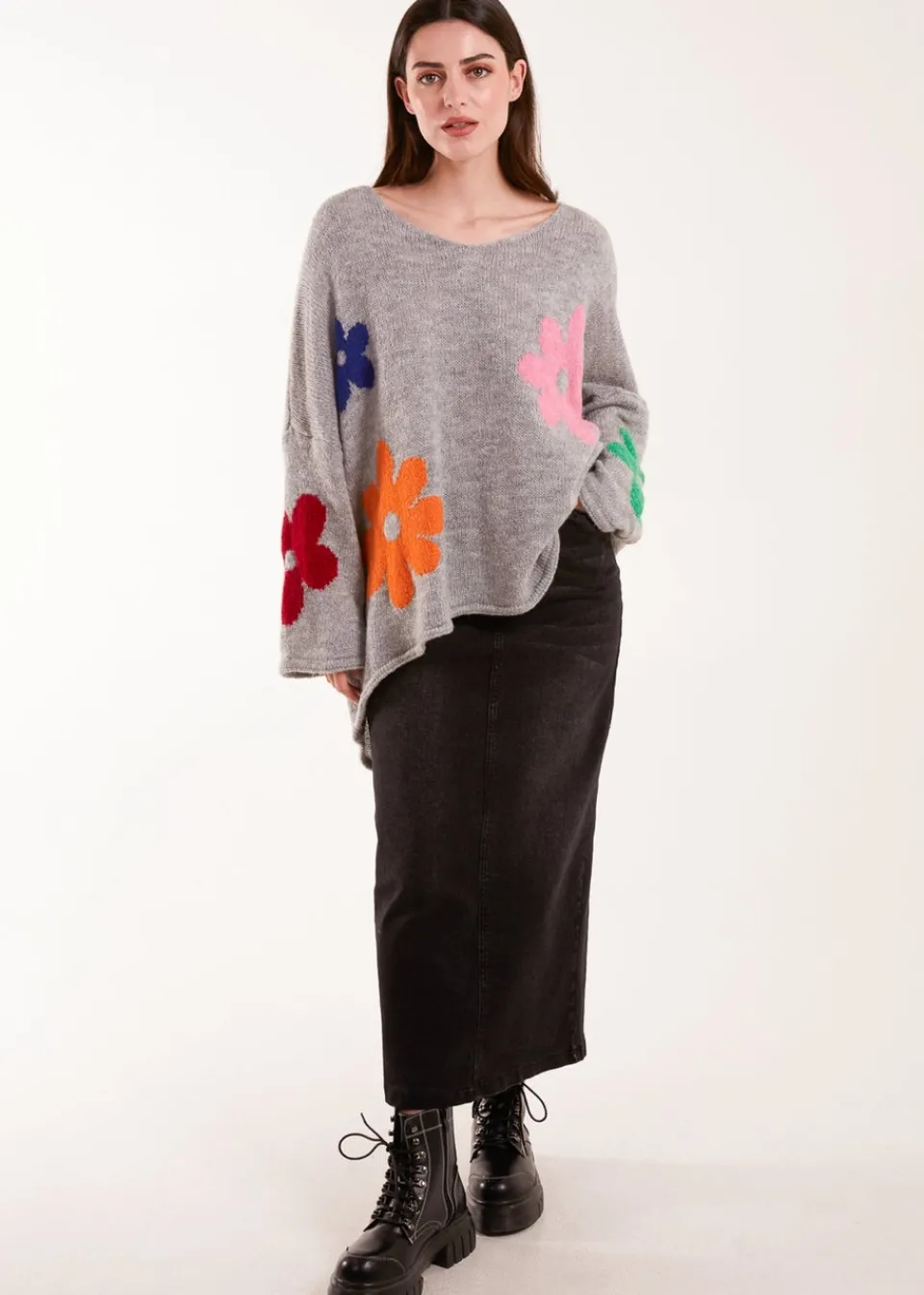 Knitwear>Blue Vanilla Multi Coloured Daisy Flower Print Jumper Grey