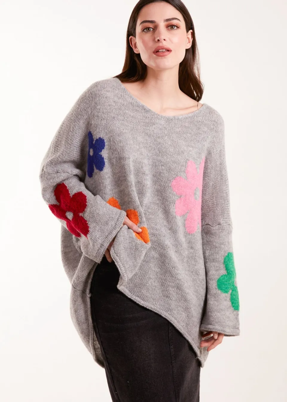Knitwear>Blue Vanilla Multi Coloured Daisy Flower Print Jumper Grey