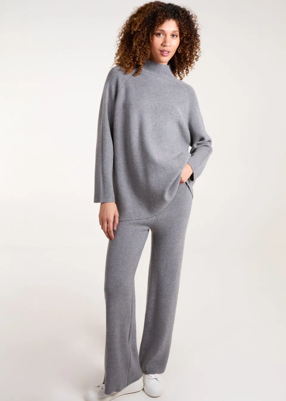 Tops>Blue Vanilla Grey Ribbed High Neck Co-Ord Set