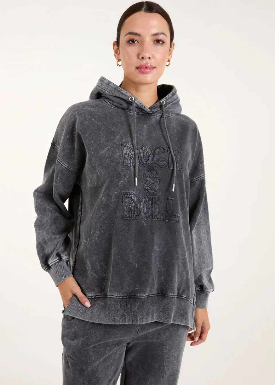 Tops>Blue Vanilla Grey Rock & Roll Acid Wash Hoodie