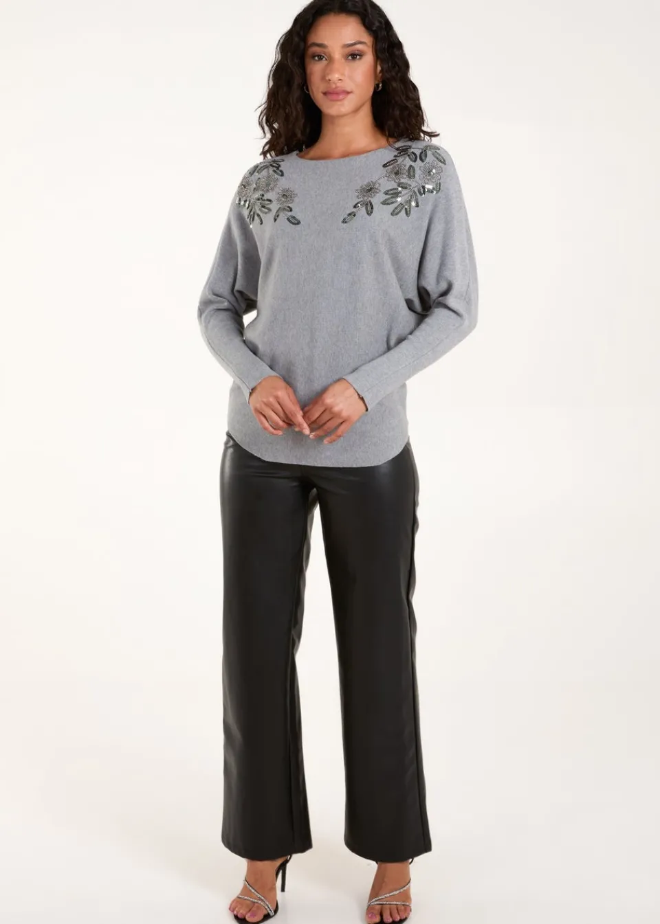 Tops>Blue Vanilla Grey Sequin Flower Detail Batwing Jumper