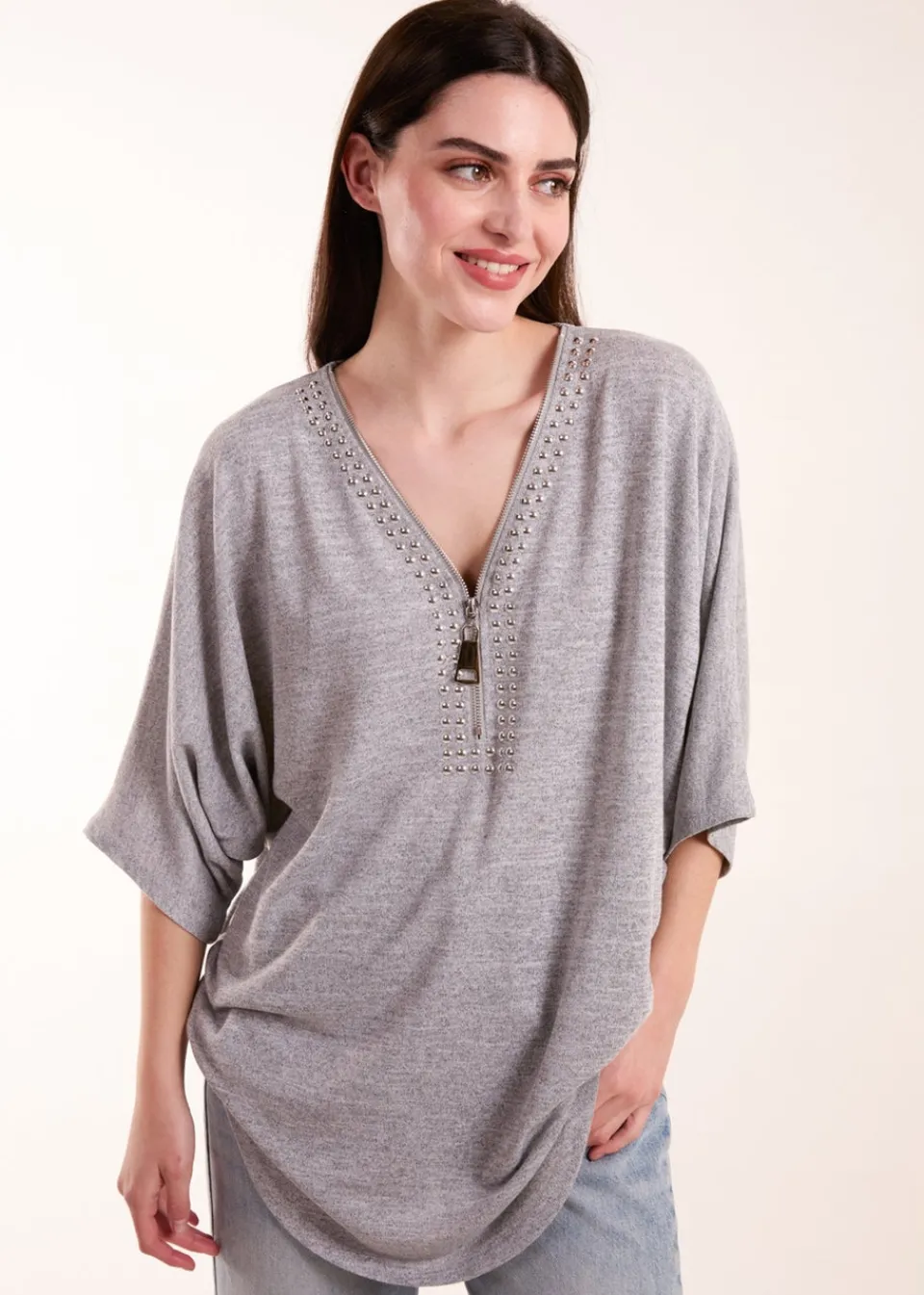 T-Shirts>Blue Vanilla Grey Studded Zip Front Top