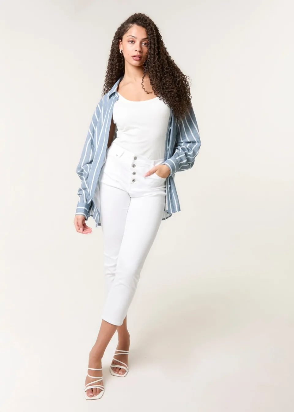 Trousers>Blue Vanilla Ivory Button Front Capri Trouser