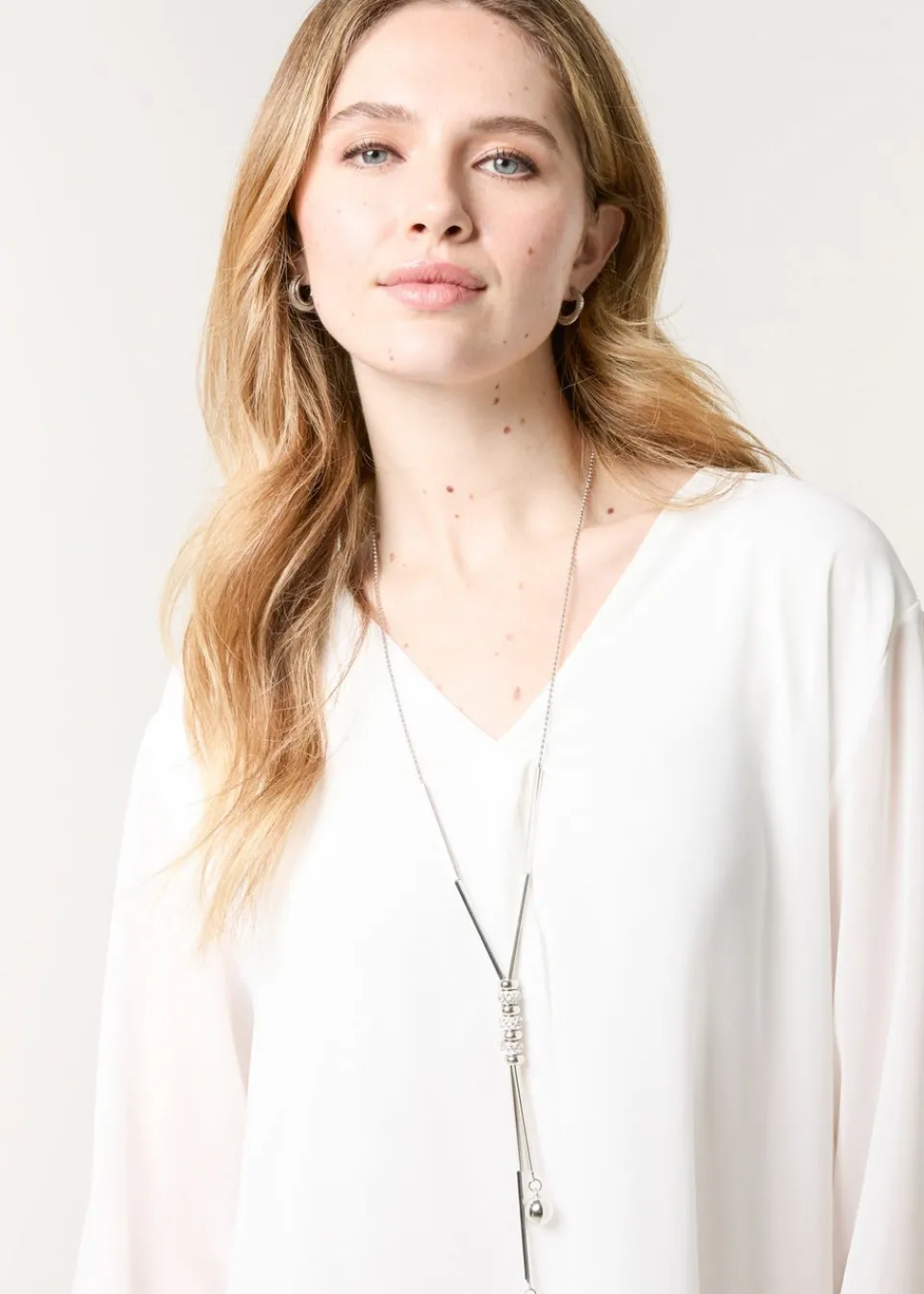 Tops>Blue Vanilla Ivory Chiffon V Neck With Necklace