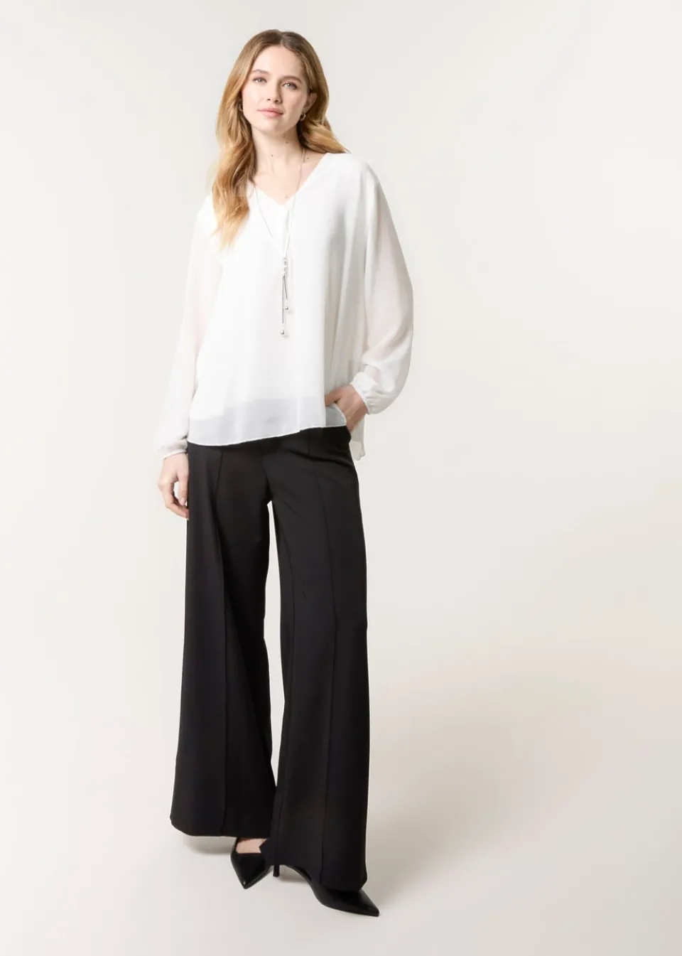 Tops>Blue Vanilla Ivory Chiffon V Neck With Necklace