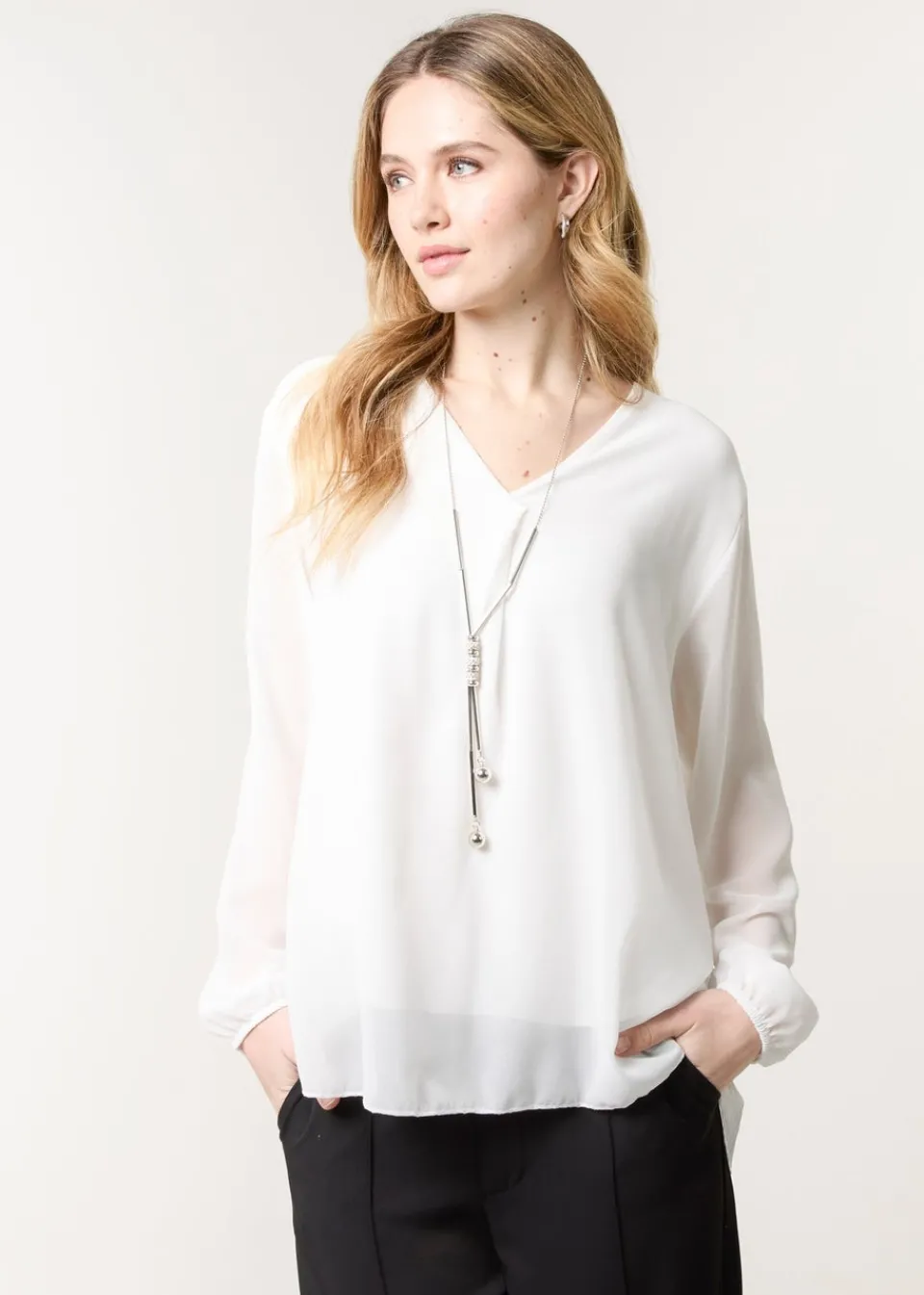 Tops>Blue Vanilla Ivory Chiffon V Neck With Necklace
