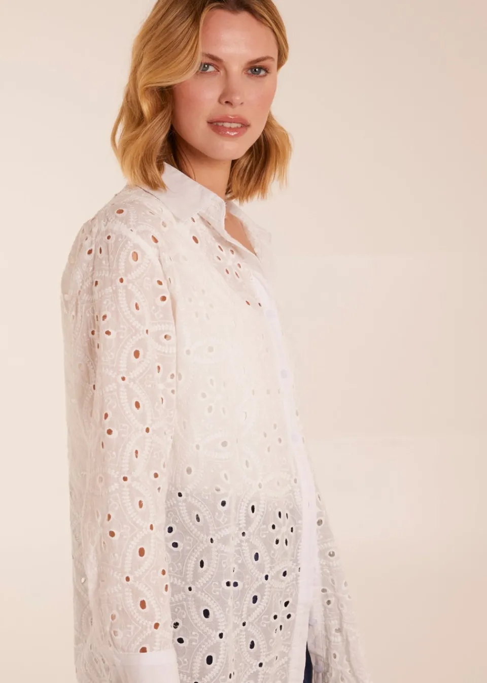 Tops>Blue Vanilla Ivory Crochet Detailed Long Sleeve Shirt