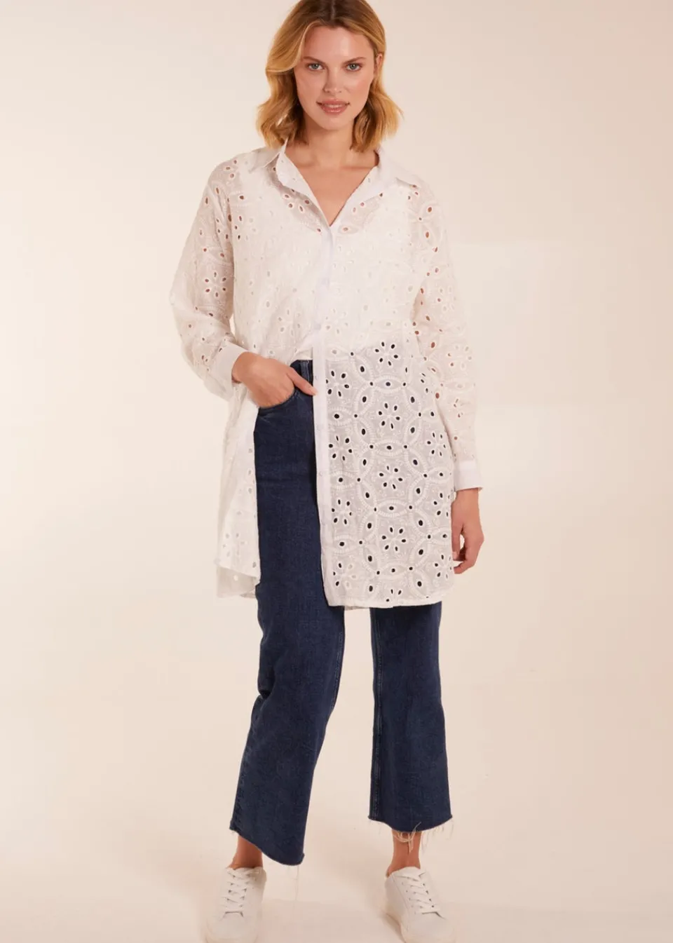 Tops>Blue Vanilla Ivory Crochet Detailed Long Sleeve Shirt
