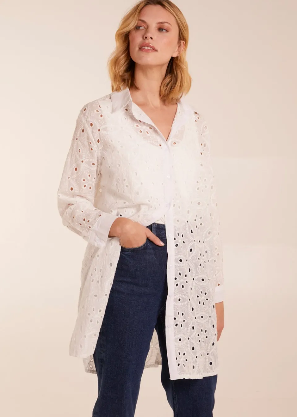 Tops>Blue Vanilla Ivory Crochet Detailed Long Sleeve Shirt