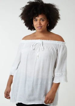 Tops>Blue Vanilla Curve Bardot Tie Front Top Ivory