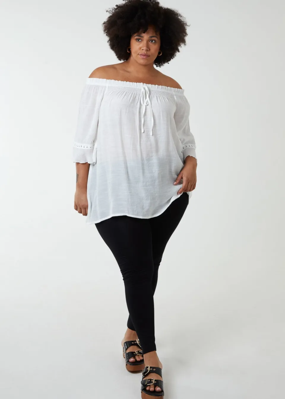 Tops>Blue Vanilla Curve Bardot Tie Front Top Ivory