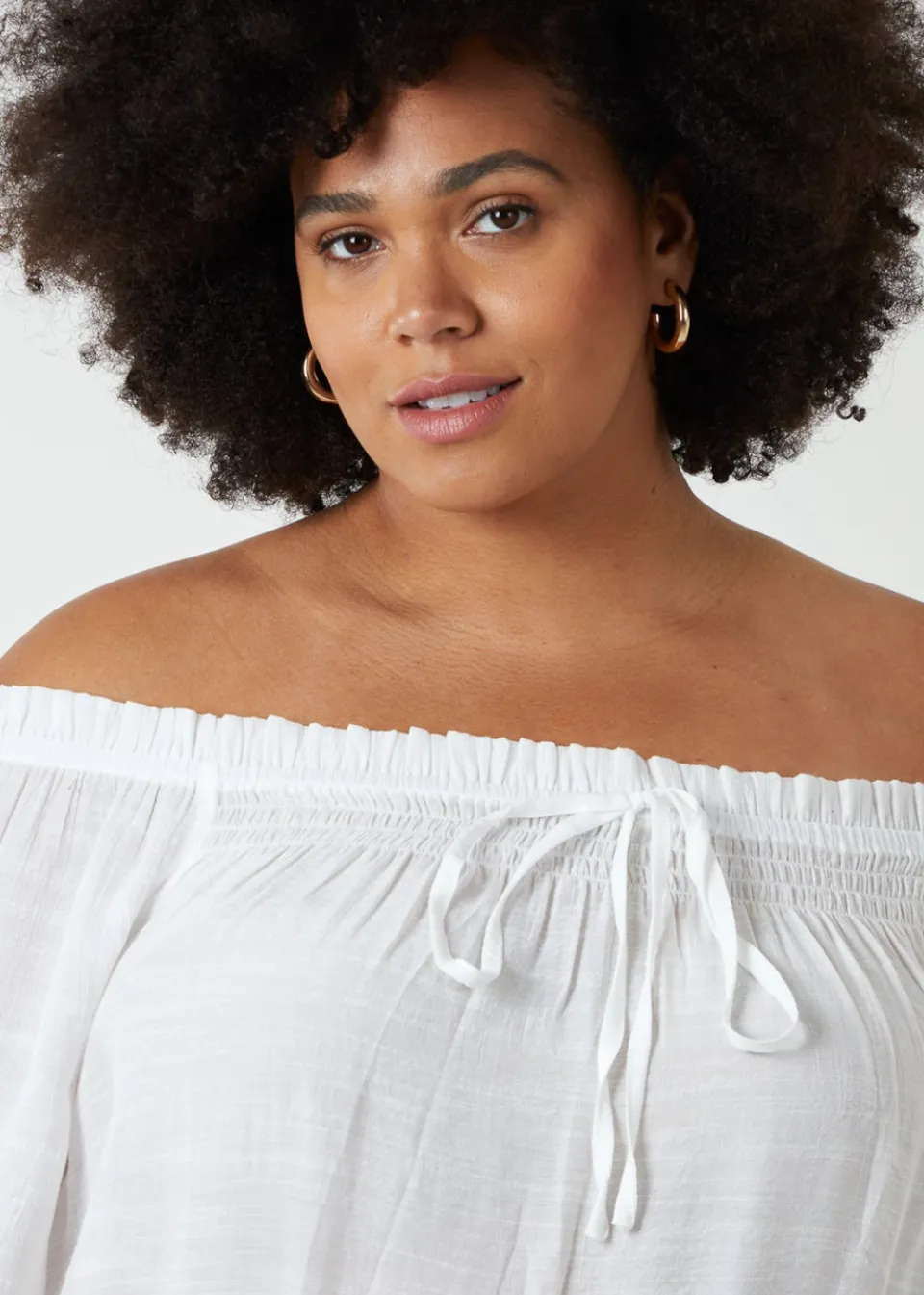 Tops>Blue Vanilla Curve Bardot Tie Front Top Ivory