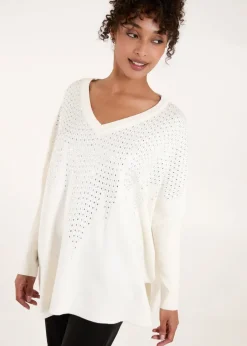 Tops>Blue Vanilla Ivory Diamante V Neck Jumper