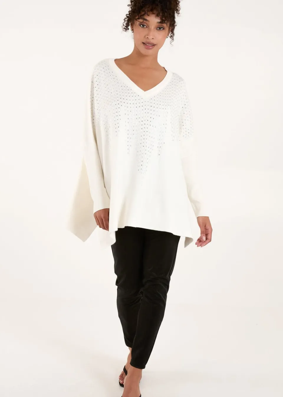Tops>Blue Vanilla Ivory Diamante V Neck Jumper
