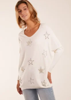 Tops>Blue Vanilla Ivory Diamante Pearl Star Jumper #0818