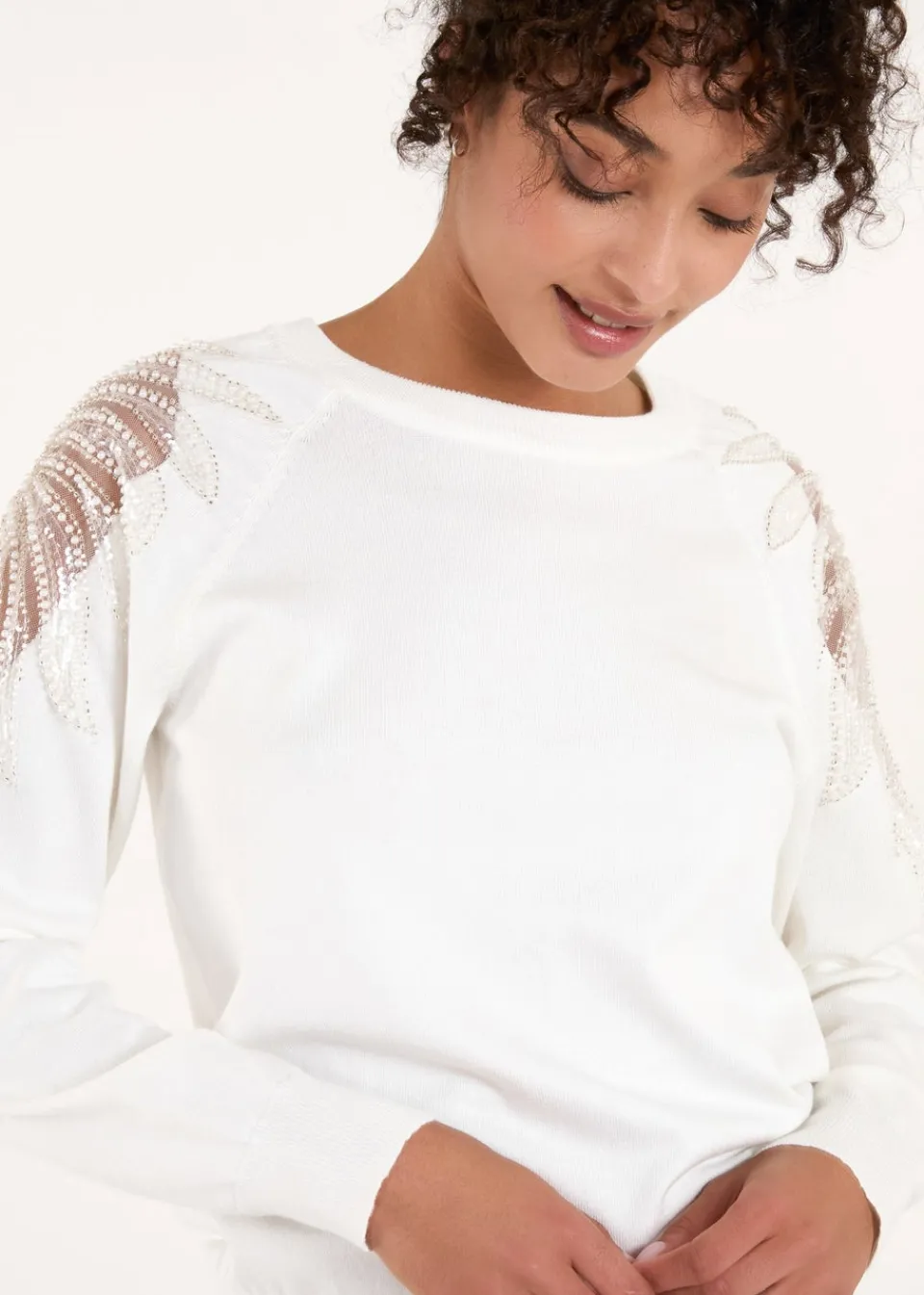 Tops>Blue Vanilla Ivory Embellished Sleeve Jumper